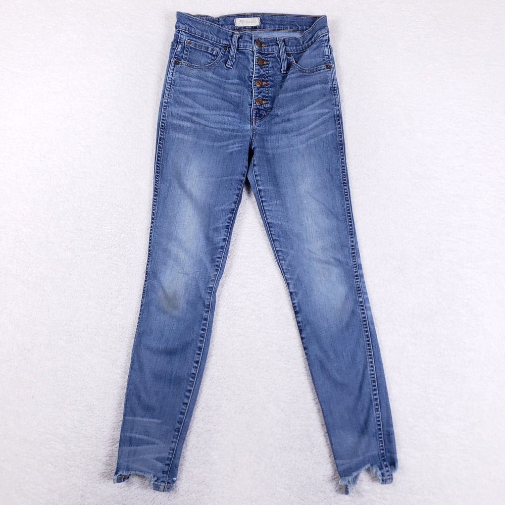 Madewell 10 High-Rise Skinny Jeans Blue Button Fly Raw Chewed Hem Size 27